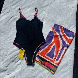 Emilio Pucci Black One-Piece with Multicolor Trim and Printed Sarong